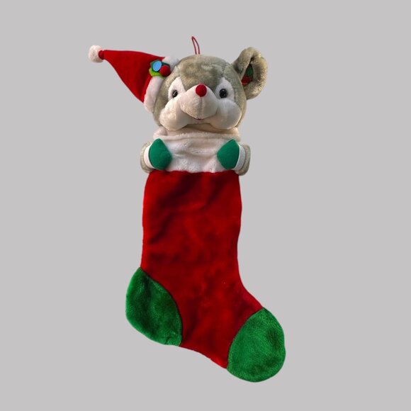 Christmas Stocking With Plush Mouse Head In Santa Hat - Red & Green - 24 Inches - Picture 1 of 8